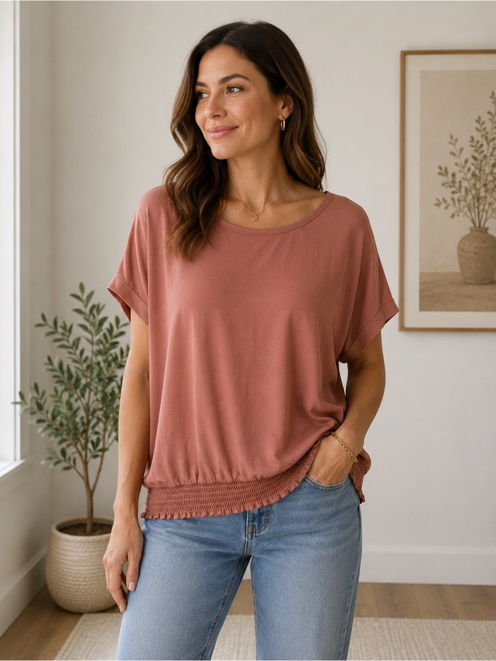 Reitmans Dusty Rose Short Sleeve Smocked-Hem Top